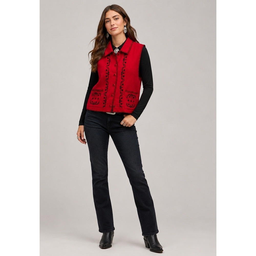 Vintage Talbots Sweater Vest Womens S Red Black Embroidered Pockets Wool Blend
